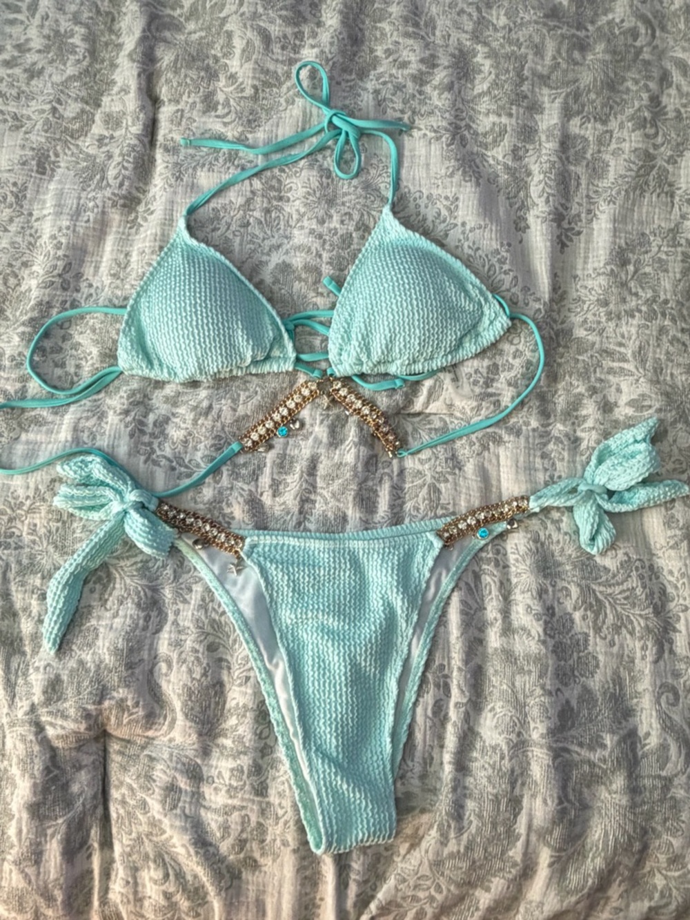 Mint Textured Bikini Set Rhinestone Beachy Chain Detail Size L - Picture 2 of 7